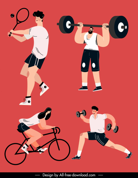 sports icons gym tennis cycling sketch cartoon design