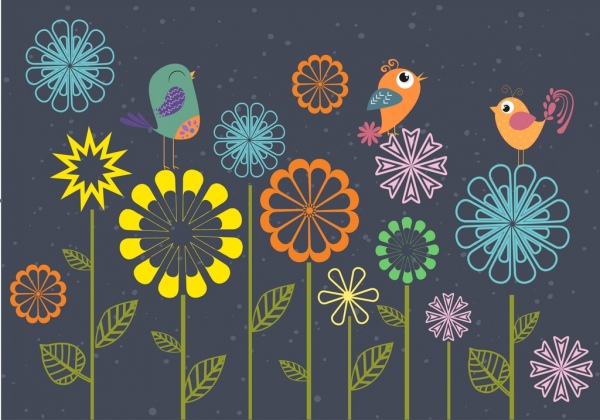 spring background colorful cartoon flowers birds ornament