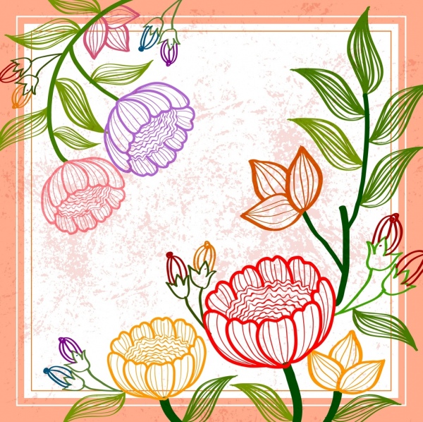 spring background colorful flowers leaves sketch 