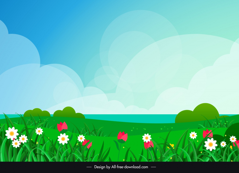spring background template elegant grass flowers sky scene 