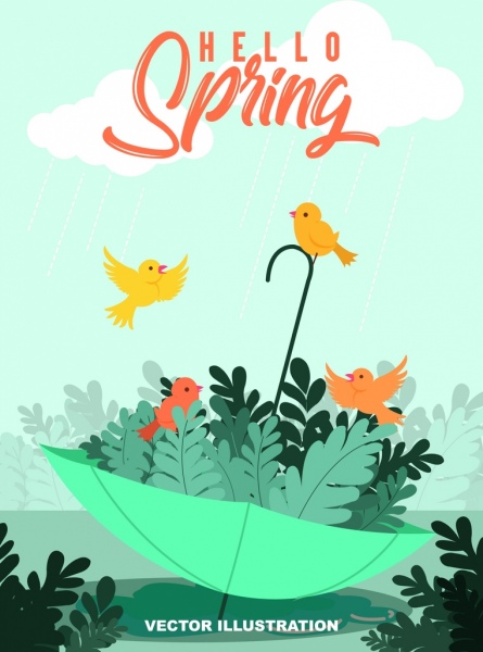 spring banner cute birds leaf umbrella icons