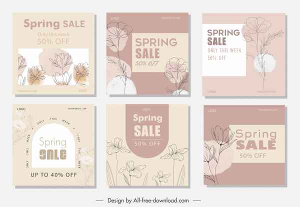 spring sale banner templates classical handdrawn floral sketch
