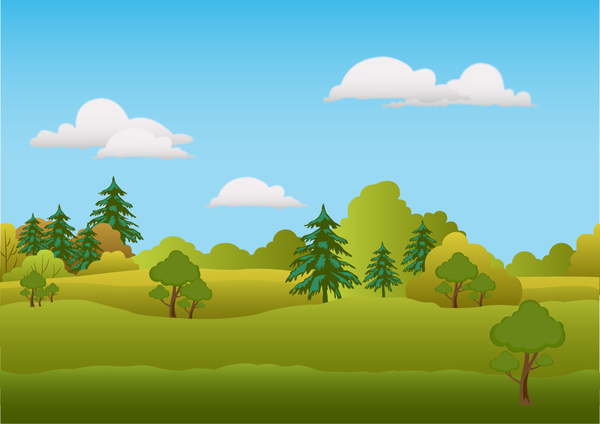 spring scenery vector illustration with trees on hill