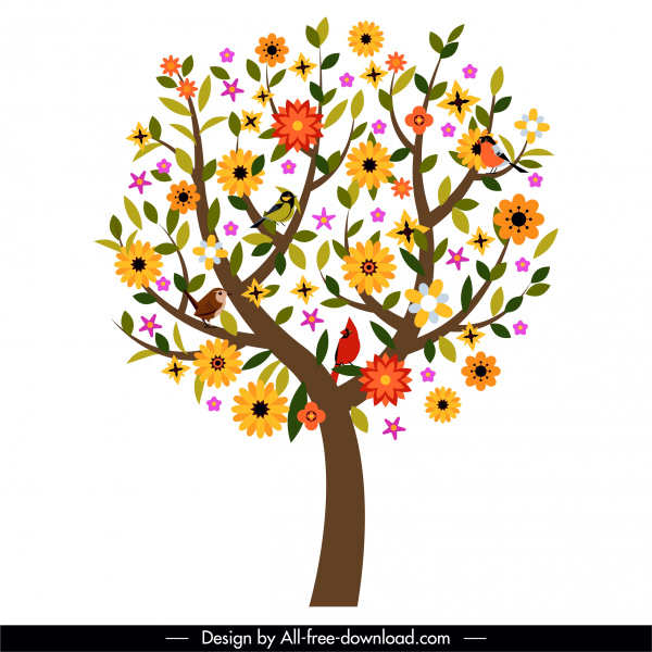 spring tree icon colorful flat handdrawn blooming sketch