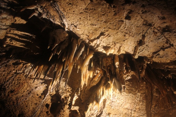 stalactites hanging from the ceiling in cave of the mounds wisconsin 
