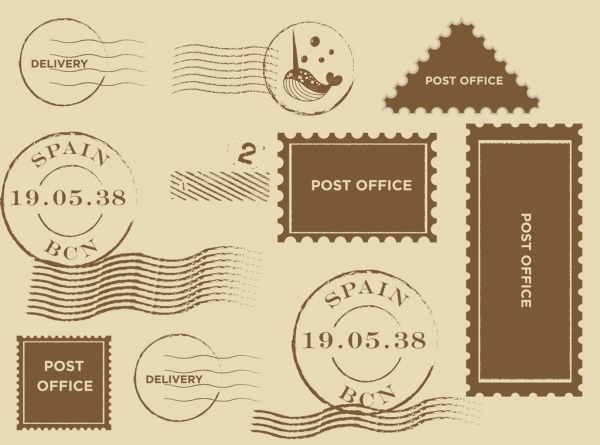 stamps collection retro flat design various shapes isolation