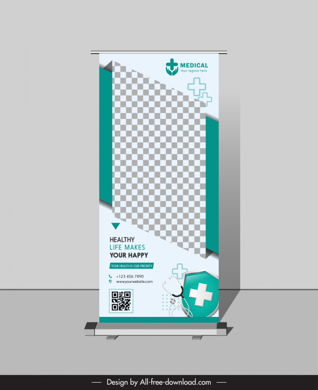 standee medical healthcare banner template 3d checkered geometry medical elements