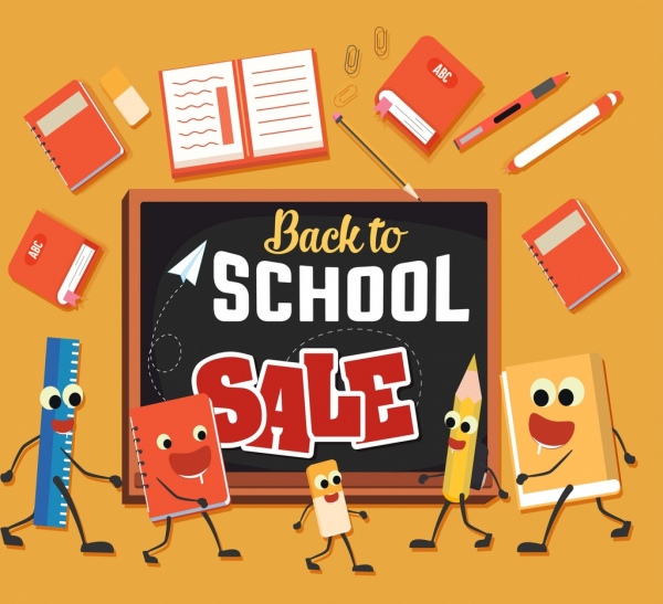 stationary sale banner school tools icons stylized design 