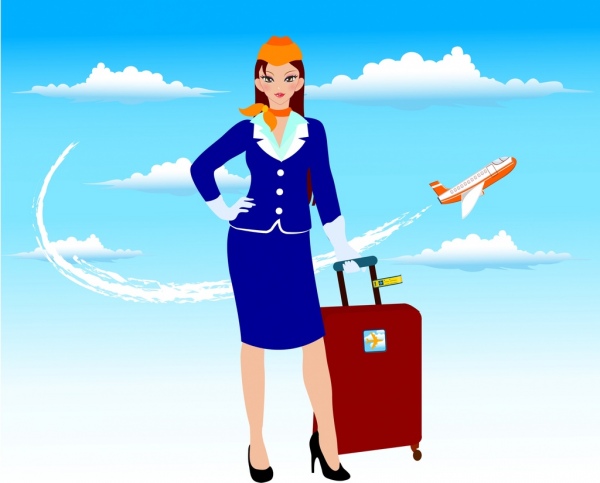 stewardess icon colorful sky flying airplane background