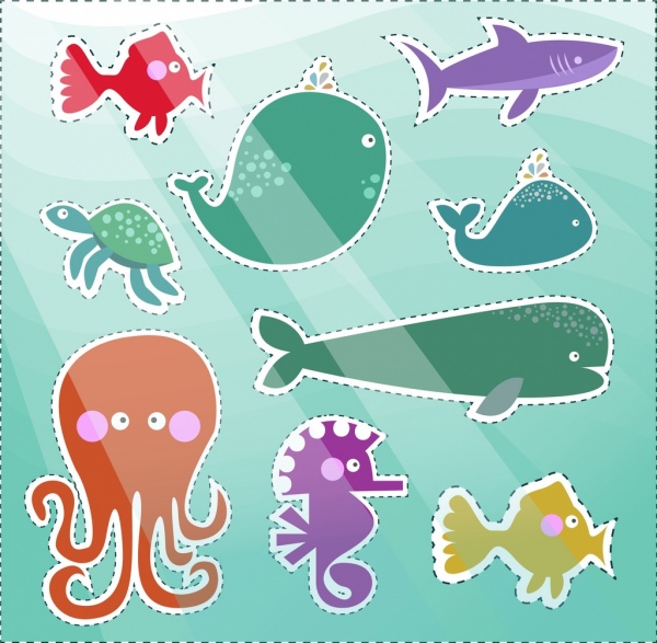 stickers collection marine creatures icons flat colored design