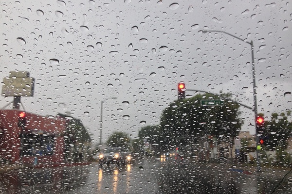 street lights through rain drops on windshield