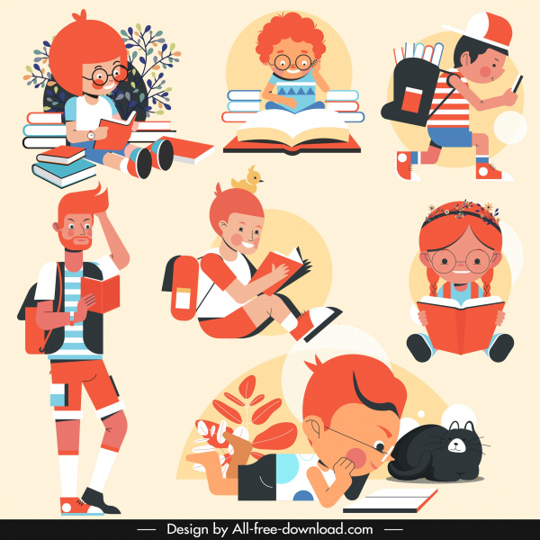 study icons colored cartoon characters sketch