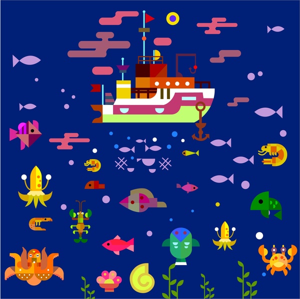 submarine world drawing with flat colored design