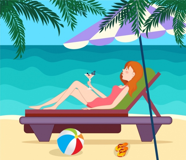 summer background relaxed girl beach icons cartoon design 