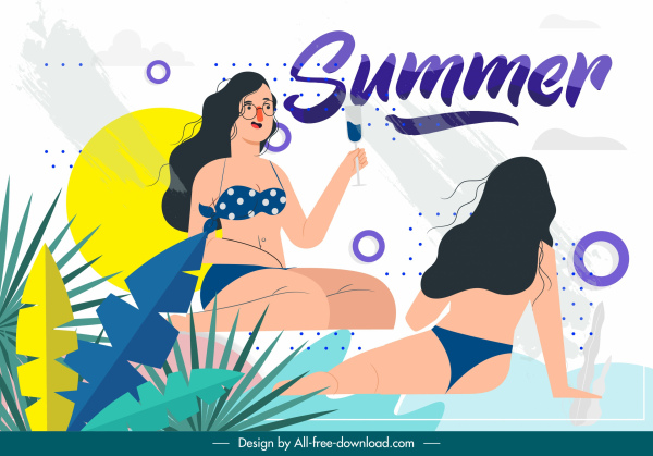 summer banner bikini girls sketch cartoon design