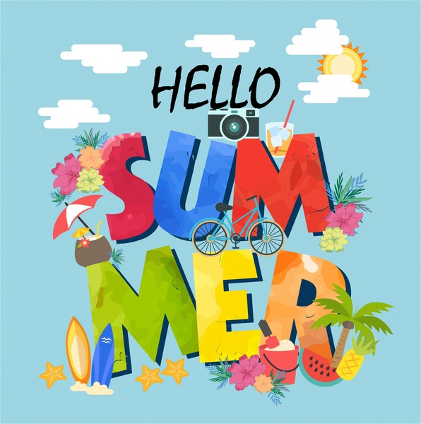 summer banner design with colorful texts and symbols