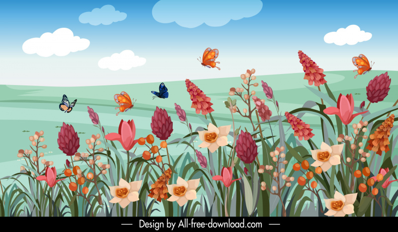  summer banner template elegant design flower blossom butterflies scene sketch