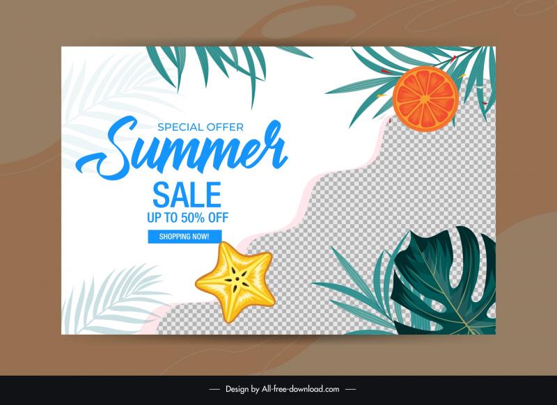 summer discount banner template flat checkered leaves fruits  decor 