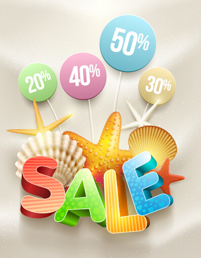 summer discount poster and shell vector