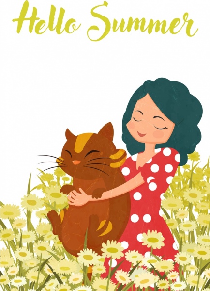 summer drawing flowers field girl pet icons