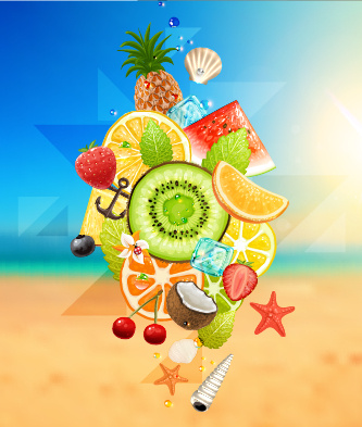 summer fruits with beach vector background