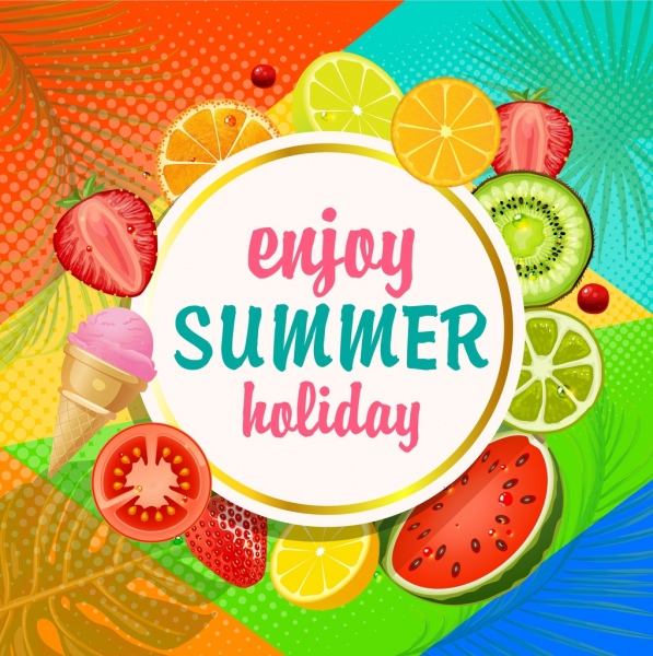 summer holiday banner fruits slices icons decoration