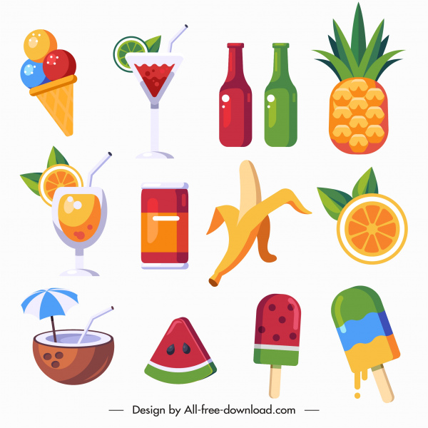 summer holiday icons tropical fruit beverages sketch