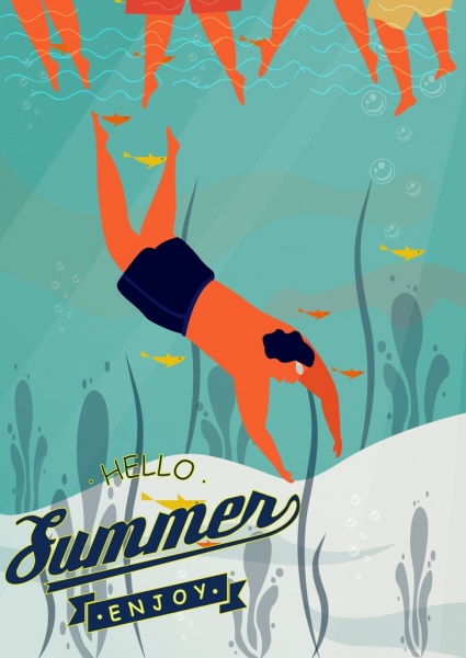 summer holiday poster diving man icon colored cartoon