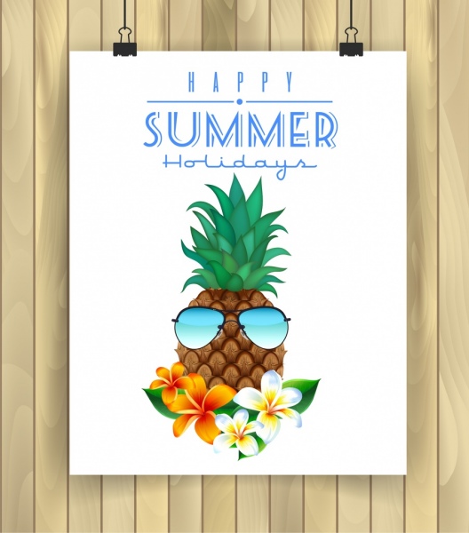 summer holiday poster pineapple flowers sunglasses icons decor