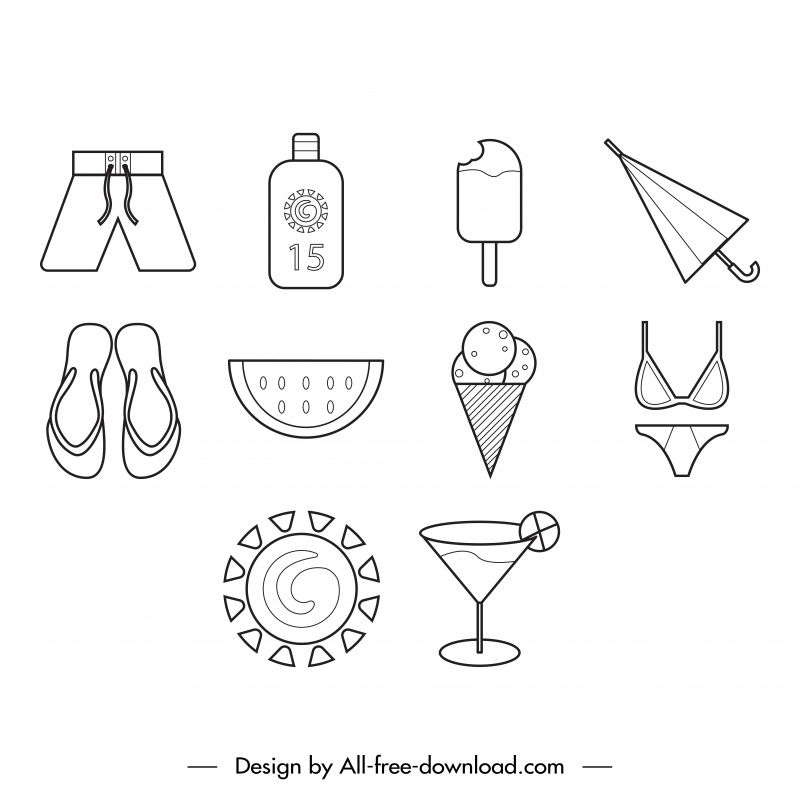 summer icon sets flat handdrawn classical objects sketch