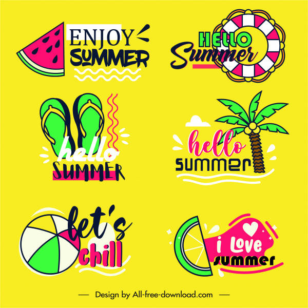 summer logotypes colorful flat handdrawn symbols