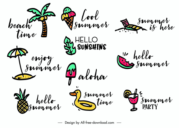 summer logotypes colorful flat handdrawn symbols sketch