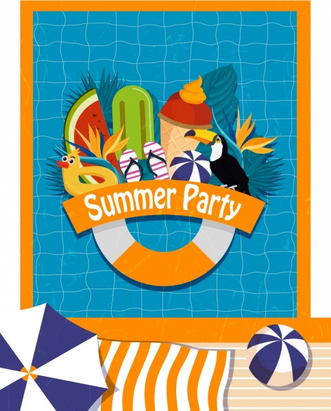 summer party banner swimming pool tropical symbols icons