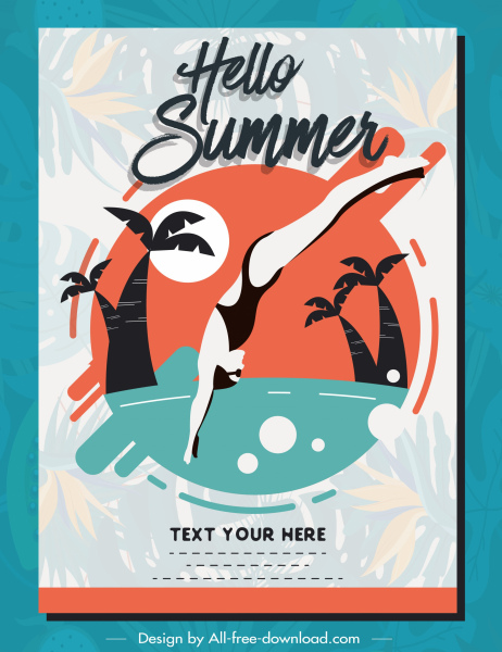 summer poster beach swimming sketch colored flat classic