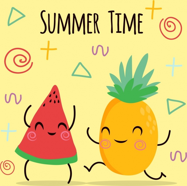 summer poster watermelon pineapple icons cute stylized design 