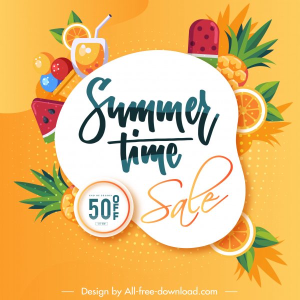 summer sale poster colorful flat fruits cocktail sketch