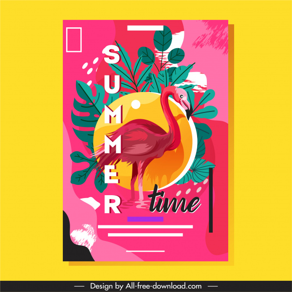 summer time banner flamingo leaves sketch grunge classic
