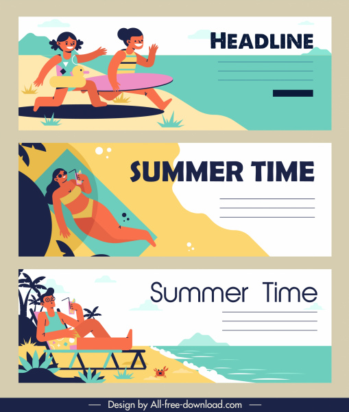 summer time banners relaxing people sketch colorful classic