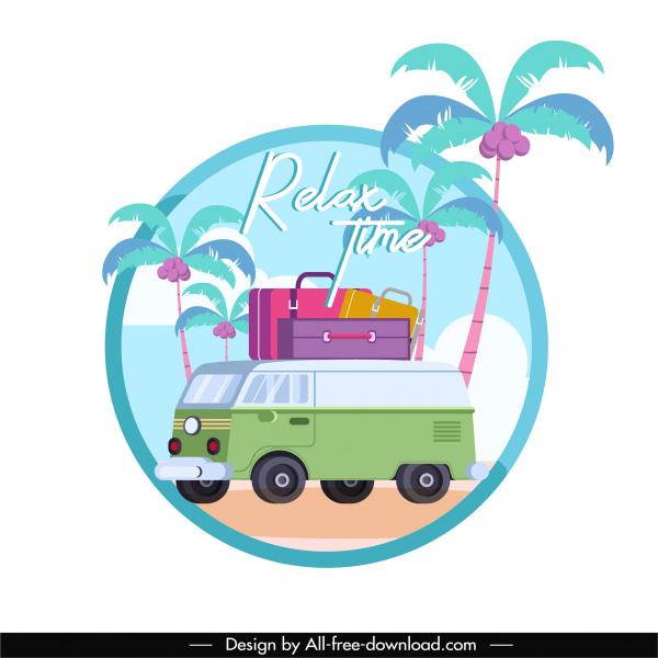 summer travel background bus luggage coconut trees sketch
