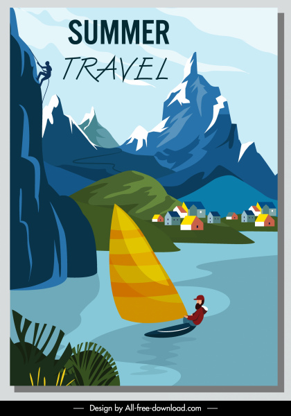 summer travel banner mountain lake sports sketch