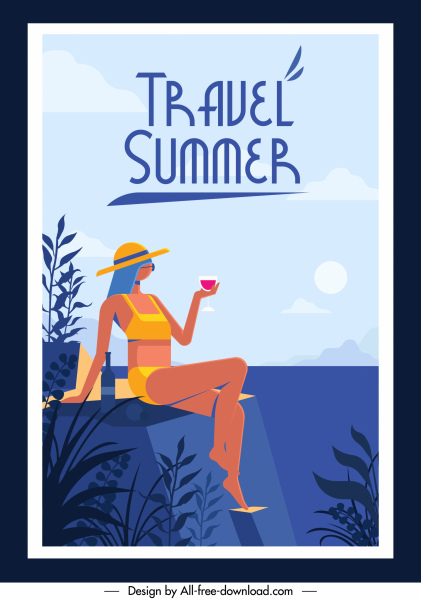 summer travel banner relaxing bikini girl sketch