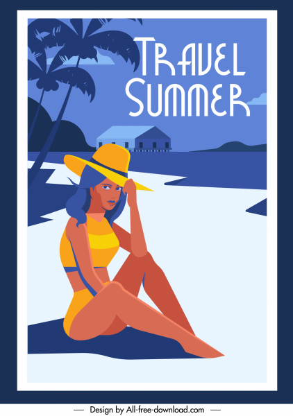 summer travel poster bikini girl seaside sketch