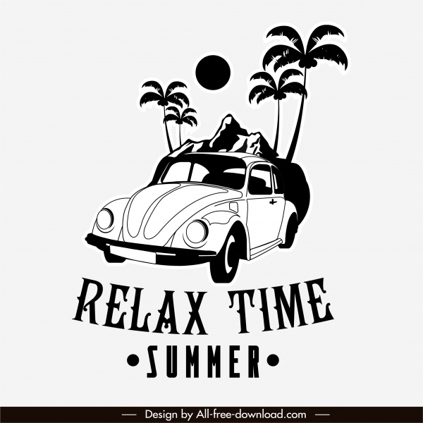 summer trip banner black white classic car sketch