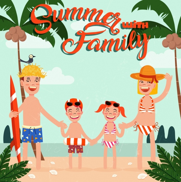 summer trip banner family beach icons colored cartoon