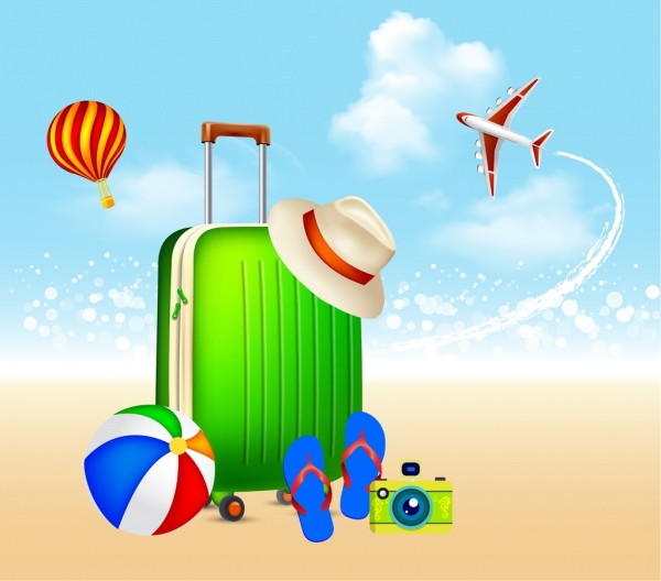 summer vacation background plane balloons baggage icons 