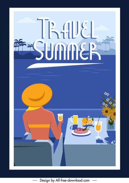 summer vacation banner bikini lady sea scene sketch