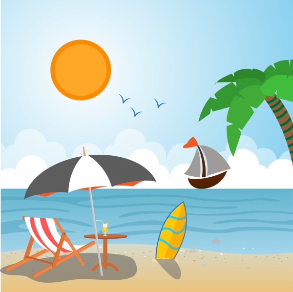 Summer vacation drawing beach scenery sketch colorful design Vectors  graphic art designs in editable .ai .eps .svg .cdr format free and easy  download unlimit id:6827969