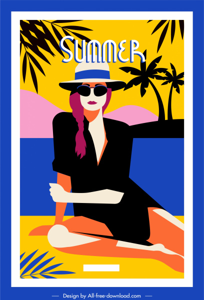 summer vacation poster lady sketch colorful cartoon
