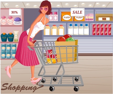 shopping background woman supermarket icons cartoon design
