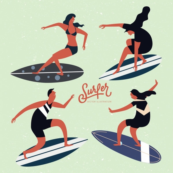 surfer icons collection colored cartoon design